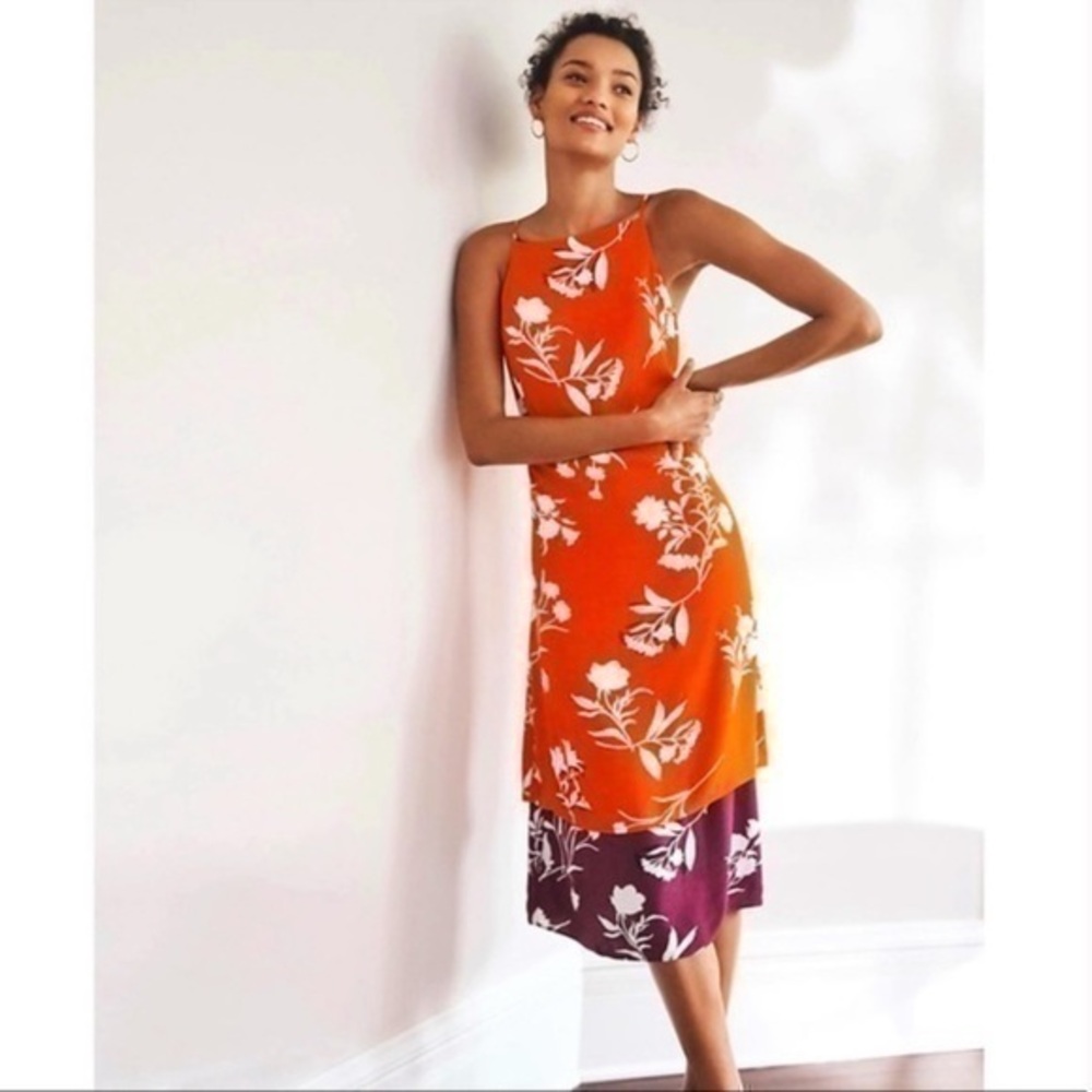 Ann Taylor orange purple floral tiered midi dress KK11
